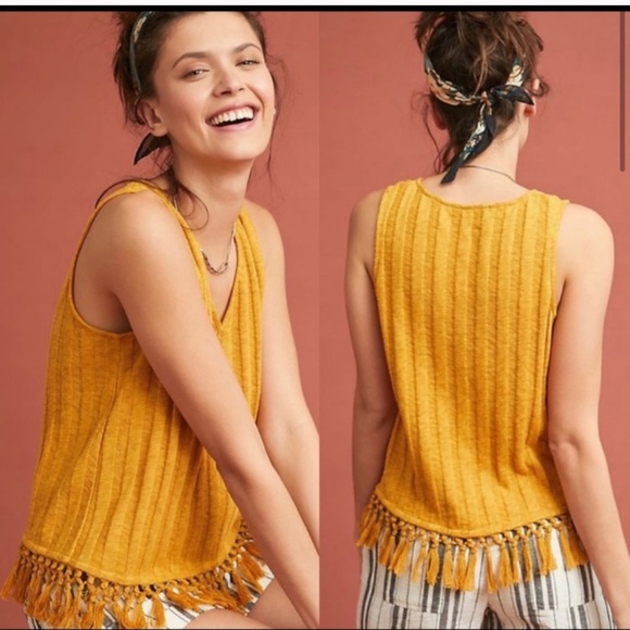 Anthropologie Tops - Anthropologie Mustard Yellow Fringe Tank Top